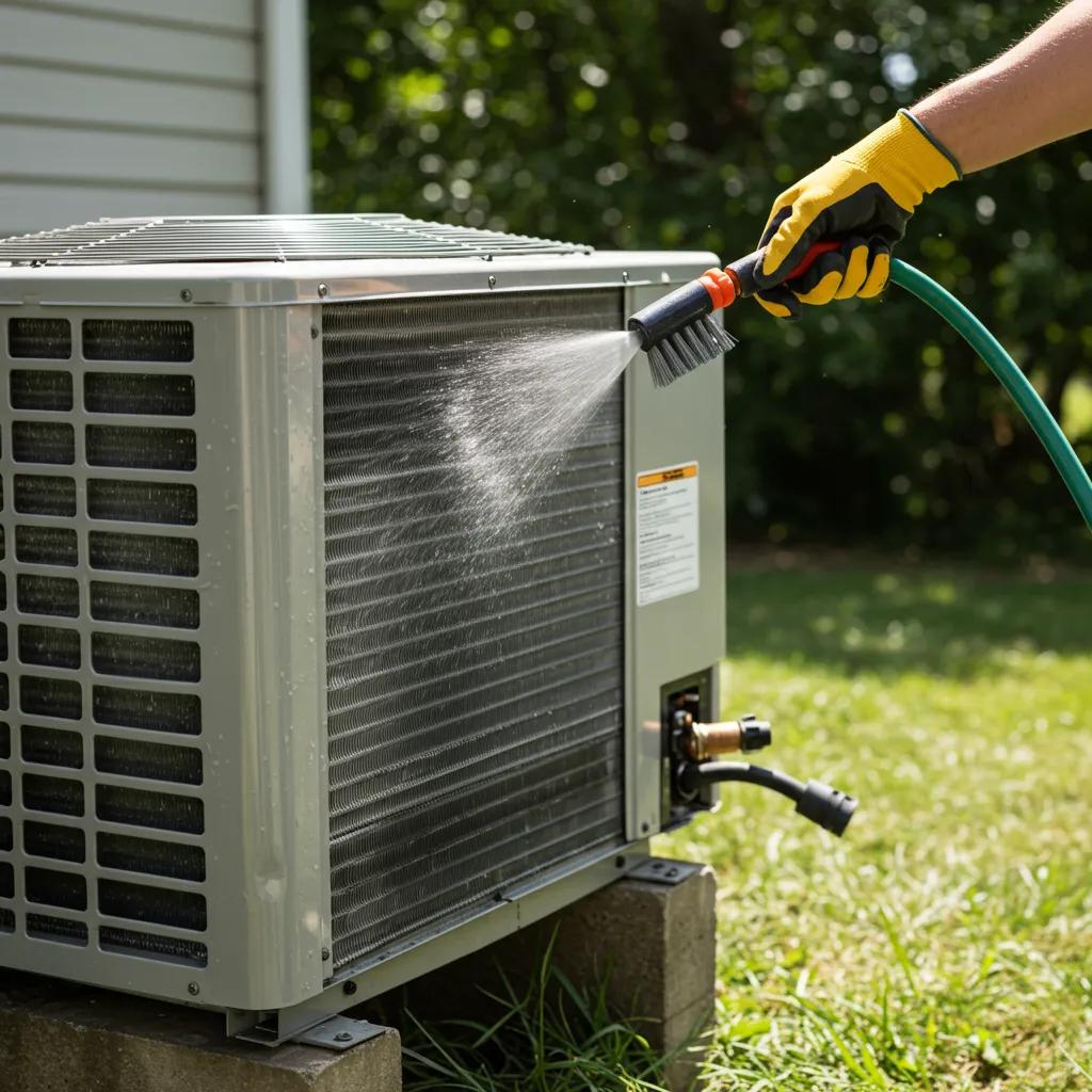 Homeowner carefully cleaning outdoor AC condenser coils using a garden hose and brush