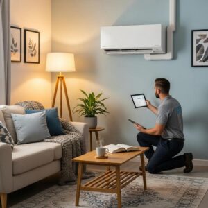 Heat pump system being inspected by a technician in a cozy home environment
