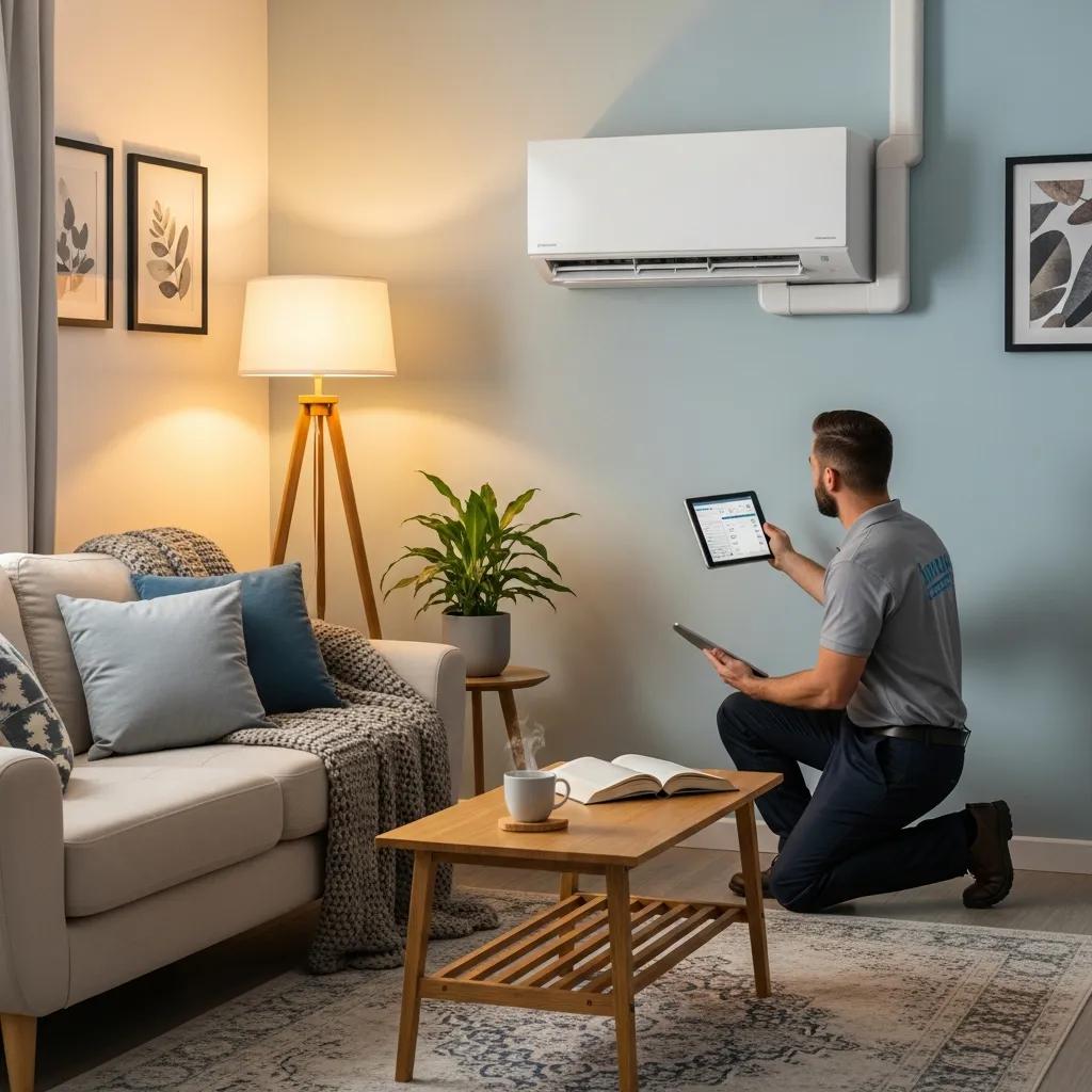 HVAC Blogs 15 Heat pump system being inspected by a technician in a cozy home environment