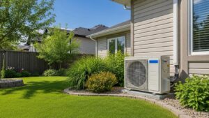 Modern air conditioning unit in a Calgary home garden, symbolizing comfort and energy efficiency