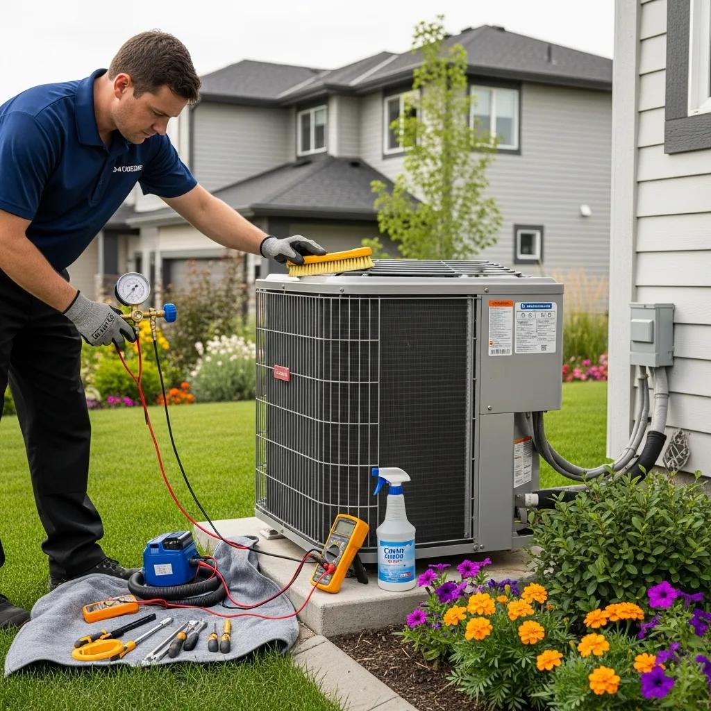 HVAC Blogs 17 Technician performing spring AC maintenance in a Calgary home garden