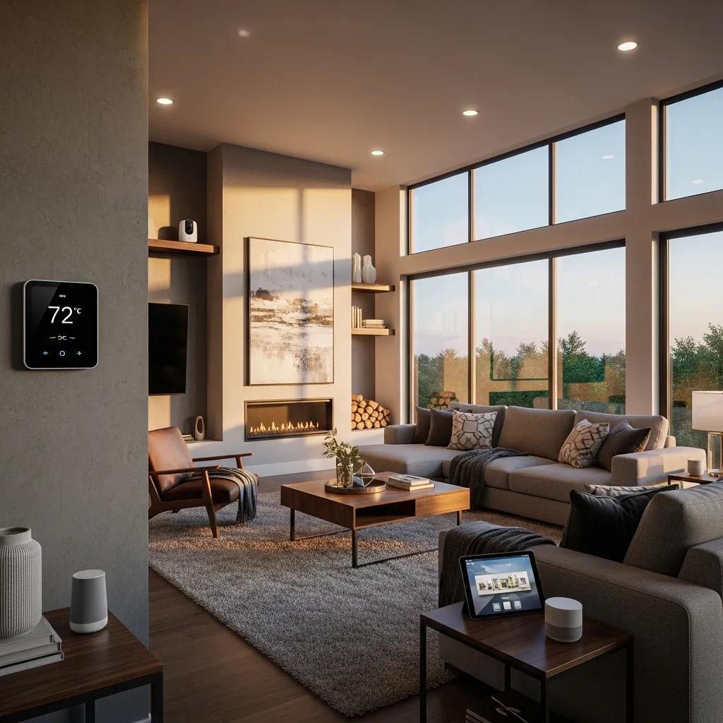 HVAC Blogs 19 Modern living room with smart home automation technology including a smart thermostat and security camera