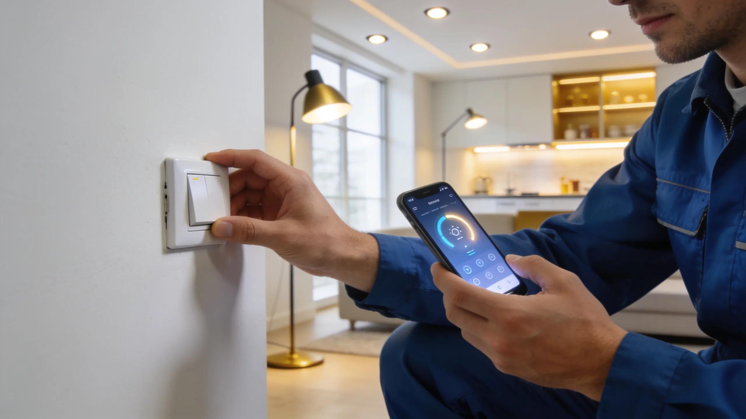 Save Energy with Smart Lighting Integration in Calgary 3 Professional installing smart lighting system with smartphone in modern home