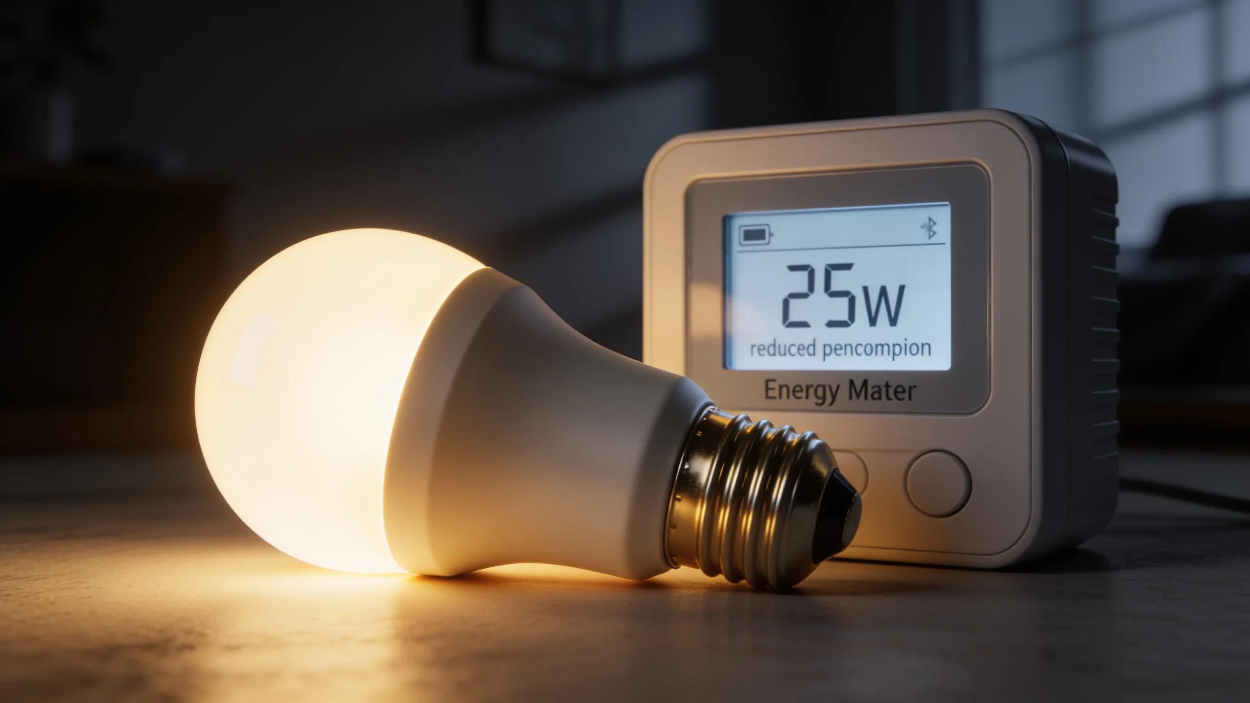 Save Energy with Smart Lighting Integration in Calgary 2 Smart bulb next to energy meter illustrating reduced energy consumption and savings